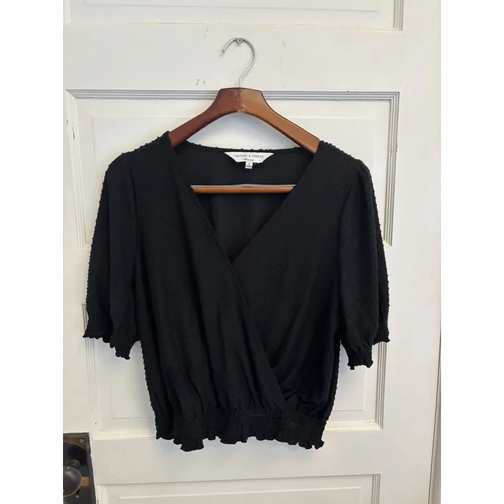 Madewell Texture &‎ Thread Black Clipdot Smocked Crossover Top Size Medium $55